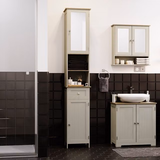 Bath Vida Priano 2 Door Tall Bathroom Floor Cabinet with Mirror, Grey, H 190 x W 35 x D 30 cm – 4