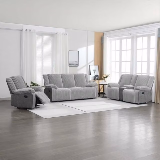 More4Homes Verona Grey Jumbo Cord Manual Recliner Sofa Set with 3-Seater, 2-Seater and Armchair