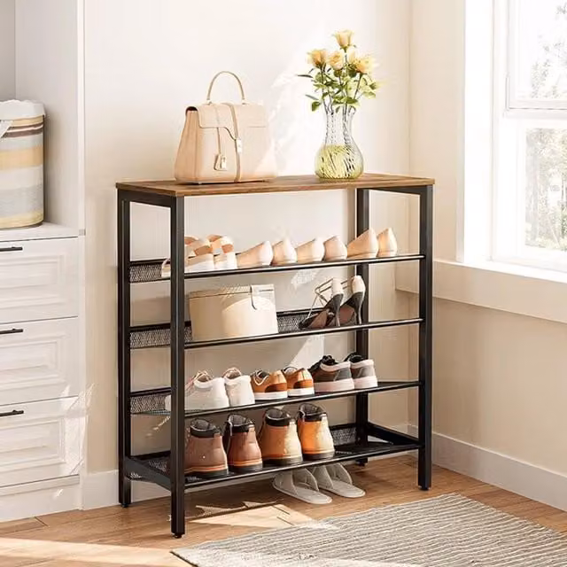 Livingandhome Industrial Freestanding Metal and MDF Shoe Rack in Brown and Black, Height: 85 cm