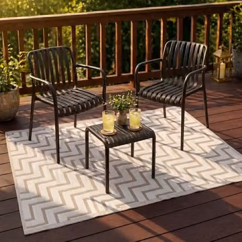 Jack Stonehouse Classic Pattern Woven Outdoor Floor Rug, Beige Zig-Zag, W/D/H: 120 x 120 x 1 cm – 1