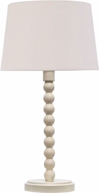 First Choice Lighting Bobbin Ceramic Table Lamp in White and Beige with Fabric Shade, H 36.5 x W 28.5 x D 28.5 cm