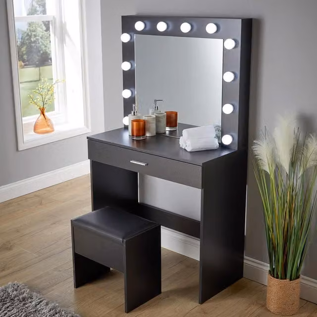 Home Source Ella Dressing Table with Mirror and Stool in Black
