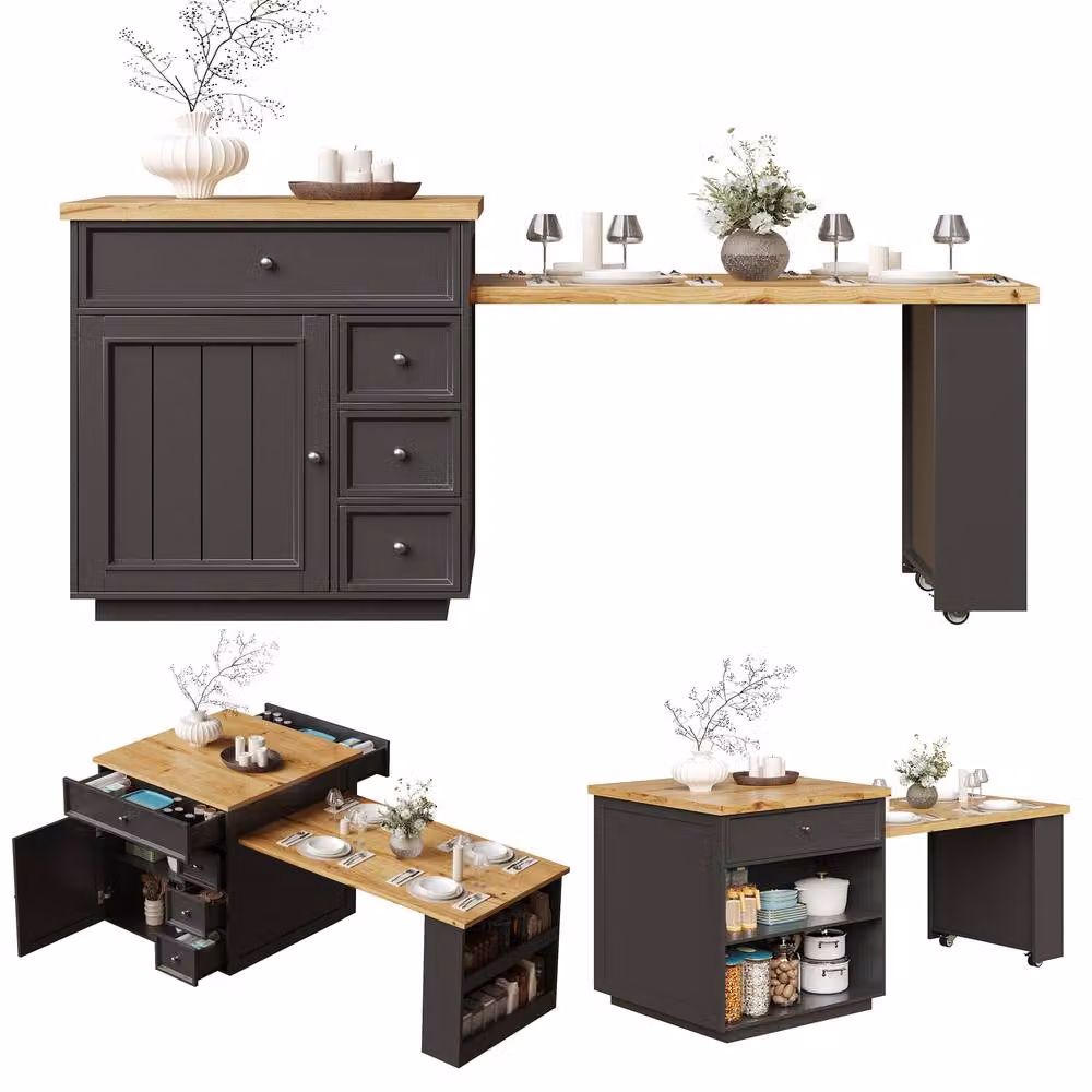 BTM Extendable Kitchen Island Rolling Storage Cart with Drawers in Black – 6
