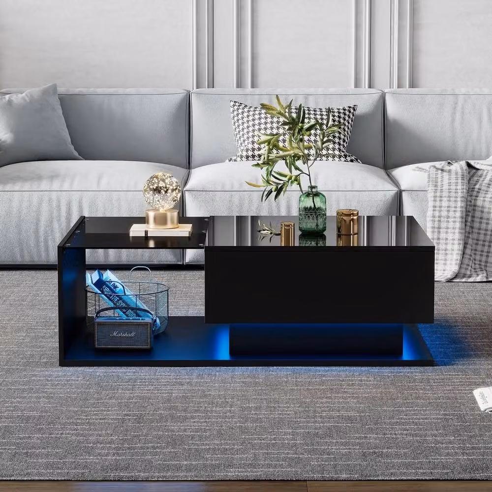 KORVIXA Modern Wooden Coffee Table with Storage and Glass Top in Black, W/D/H: 100 x 100 x 32 cm – 2