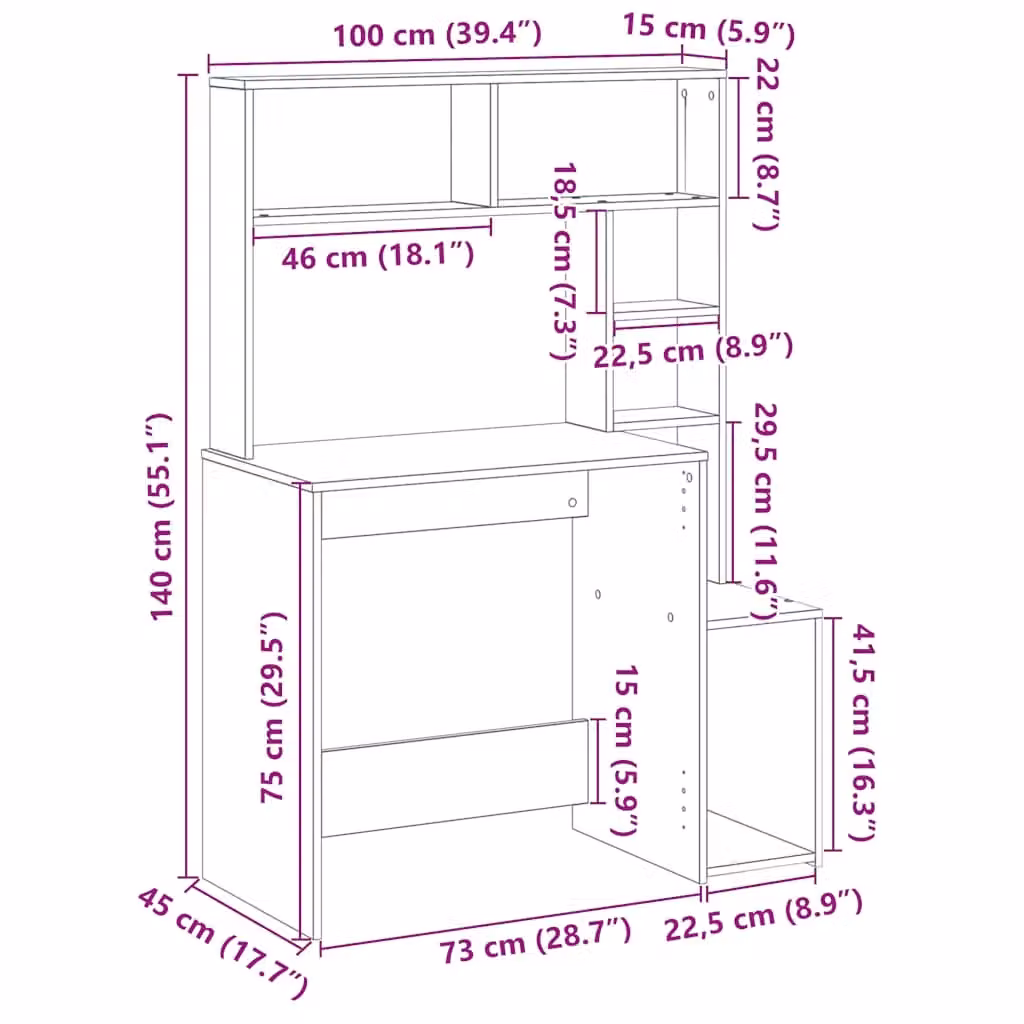 Berkfield Home Computer Desk with Shelves in Sonoma Oak Brown, W/D/H: 100 x 45 x 140 cm – 3