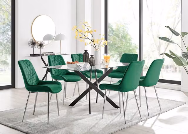 FurnitureboxUK Leonardo Black Leg Glass Dining Table with 6 Pesaro Silver Chairs in Green