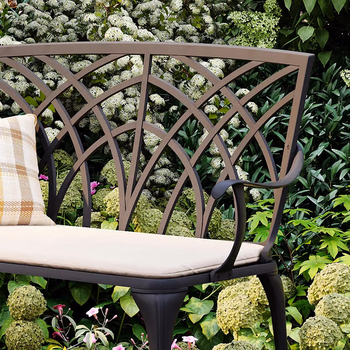 Charles Bentley Black Cast Aluminium 2 Seater Garden Bench with Cream Seat Cushion, W/D/H: 98 x 89 x 55 cm – 2