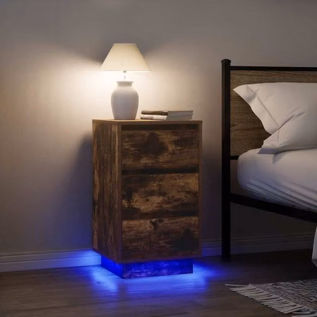 Berkfield Home Bedside Cabinet with Integrated LED Lights in Smoked Oak, W/D/H: 38 x 34 x 65 cm – 1