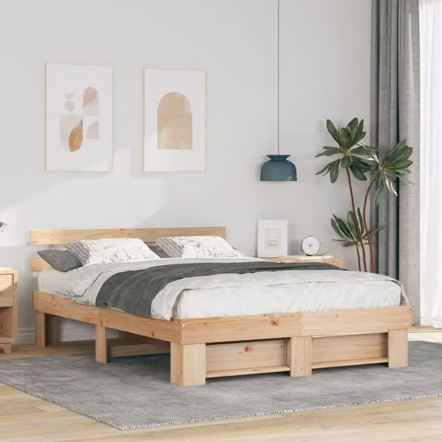 Berkfield Home Pine Wood Bed with Headboard in Brown, W/D/H: 135 x 190 x 187.4 cm – 1