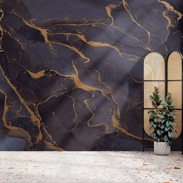 Superfresco Easy Marble Abstract Wall Mural in Navy and Gold, W: 300 cm, H: 280 cm
