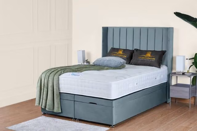 UK Bed Furniture Victoria End Lift Divan Ottoman Bed with 54 Inch Headboard in Light Blue, W/D/H: 140 x 200 cm