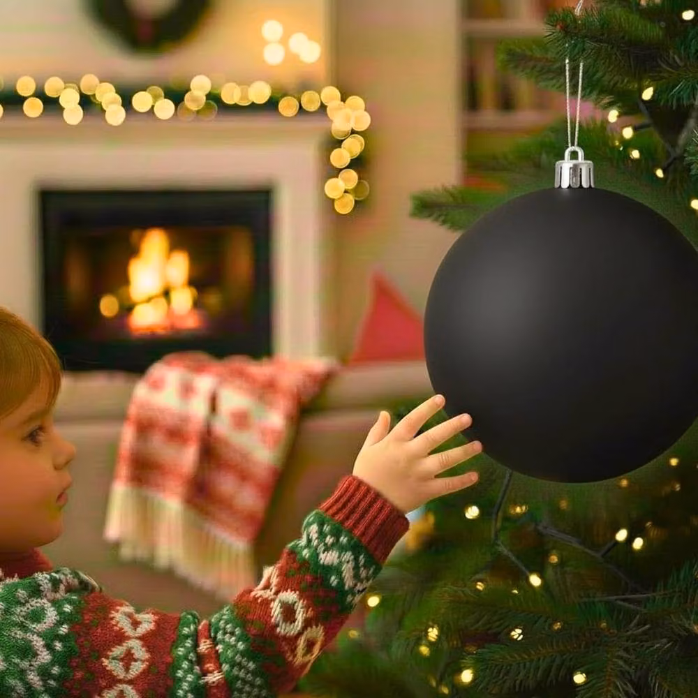 Shatchi Black Matt Christmas Bauble, Round Plastic Hanging Ornament, Diameter: 20 cm – 5