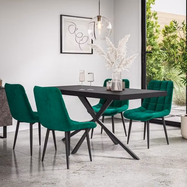 More4Homes Donni Dining Table and Nova Green Velvet Dining Chair Set of 4, Black Table Top and Legs – 1