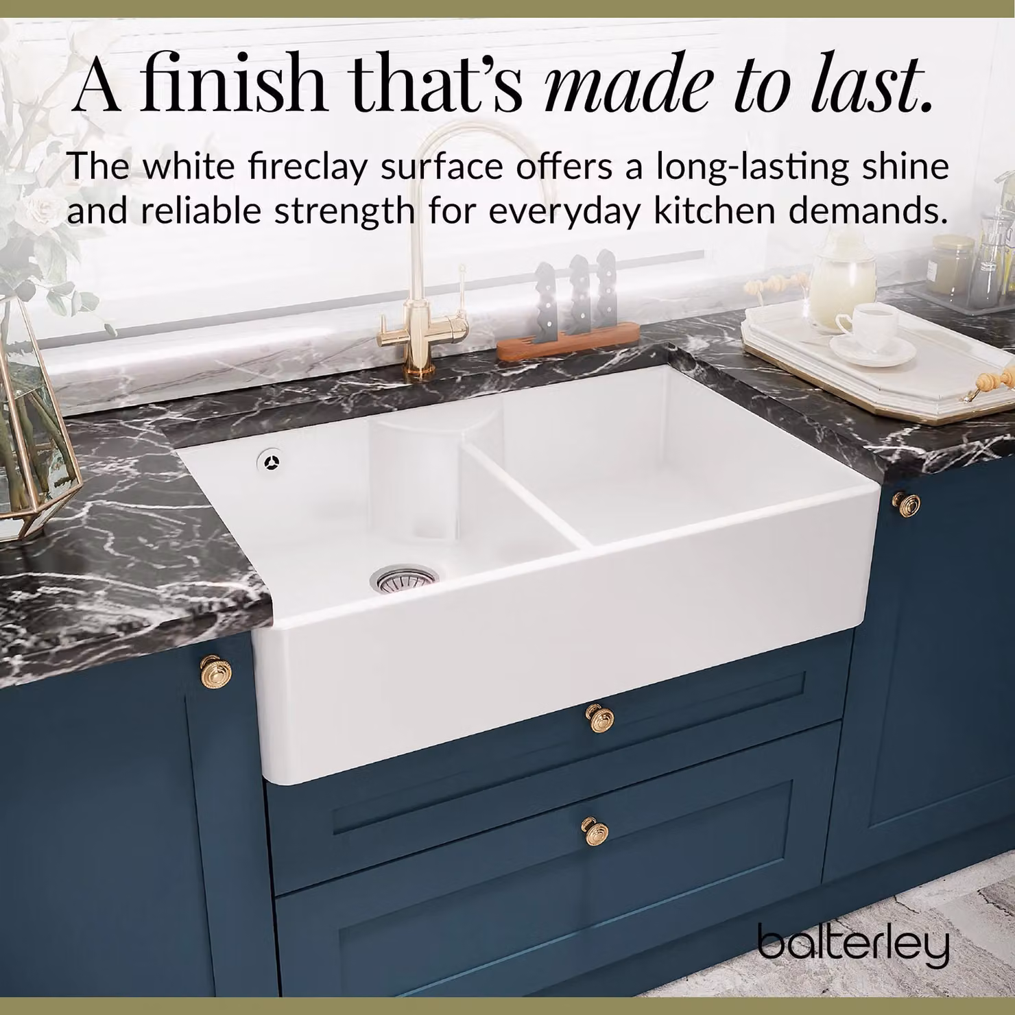 Balterley White Ceramic Fireclay 2 Bowl Stepped Weir Butler Sink with Tap Ledge and Overflow, W: 89.5 cm – 5