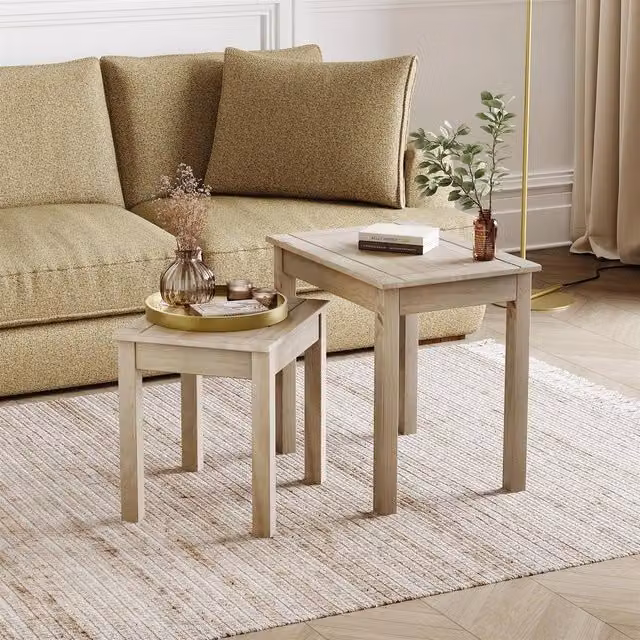 FORGEVIO Nest of 2 Square Side Tables in Brown Solid Waxed Pine Wood – 1