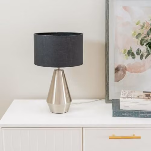 ValueLights Silver Metal Touch Dimmer Table Lamp with Grey Fabric Drum Shade – 2