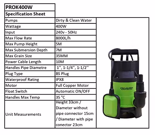 Pro-Kleen Submersible Water Pump with Float Switch, 400W, Green – 4