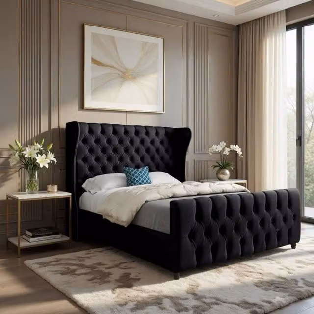 KDMD Kettering Single Upholstered Designer Bed Frame in Black Soft Velvet, W/D/H: 90 x 200 cm