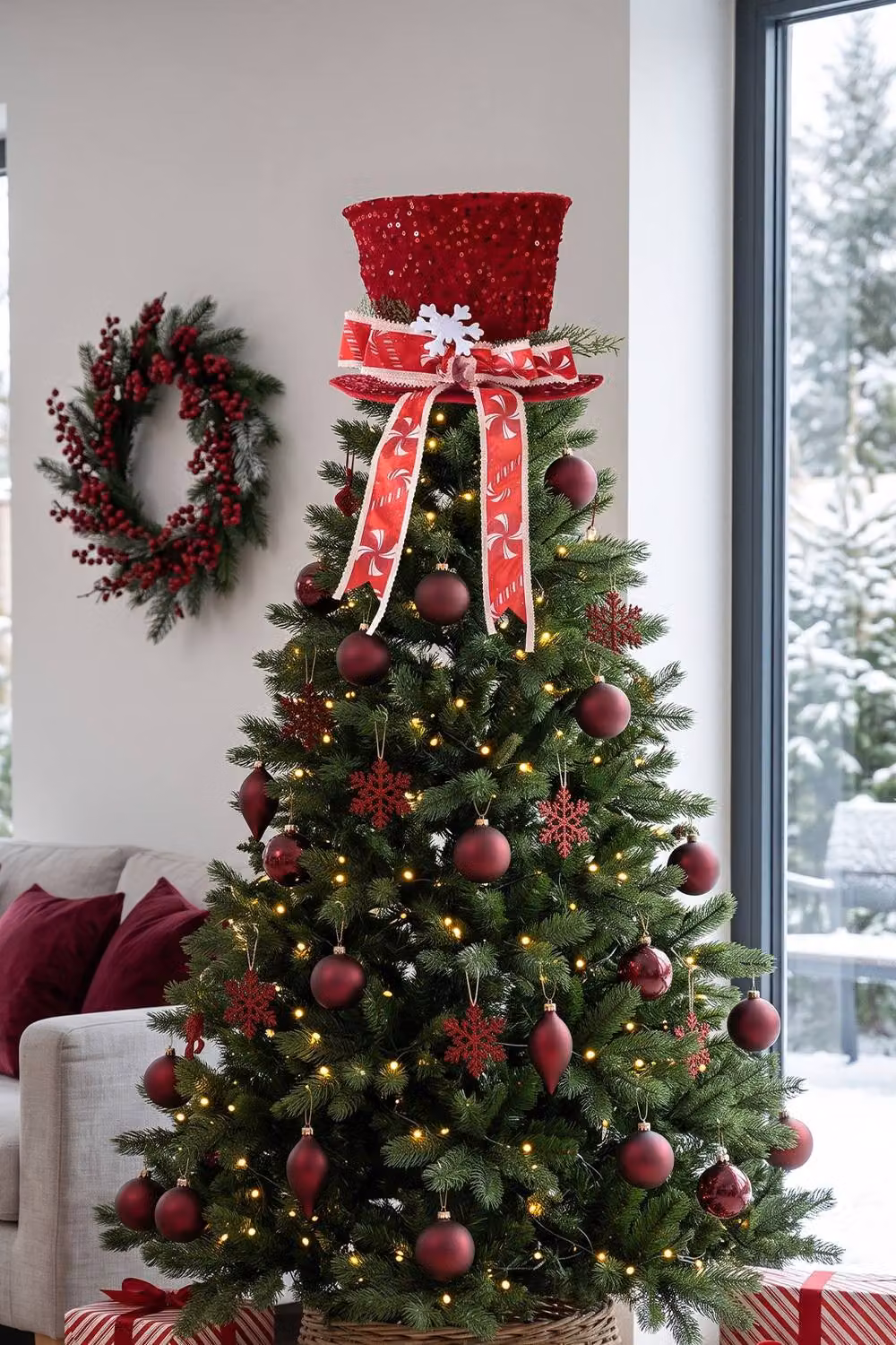 Living and Home Red Sequin Christmas Tree Topper Hat with Snowflake Details – 3