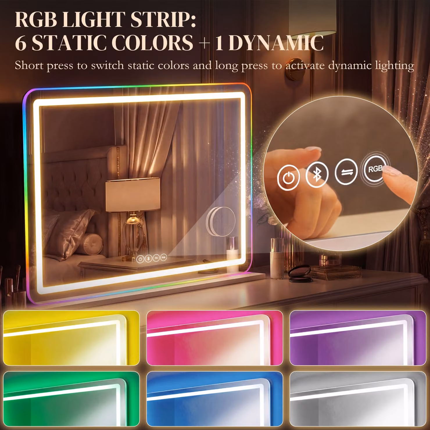 HOMCOM White LED Vanity Mirror with Dimmable RGB Lights and Bluetooth Speaker – 6