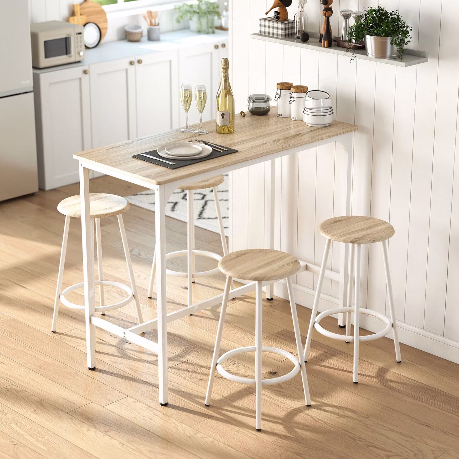 HOMCOM 5 Piece Industrial Bar Table Set with 4 Stools, Natural Wood and Metal Frame for Kitchen and Dining Room, Brown and White – 2