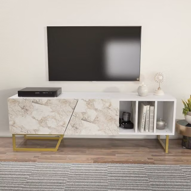 Decorotika Linossa Industrial TV Unit for TVs up to 60 inch in White Marble Effect and Gold