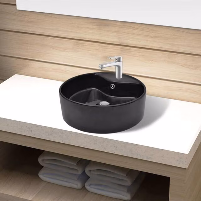 Berkfield Home Round Ceramic Bathroom Sink Basin with Overflow in Black