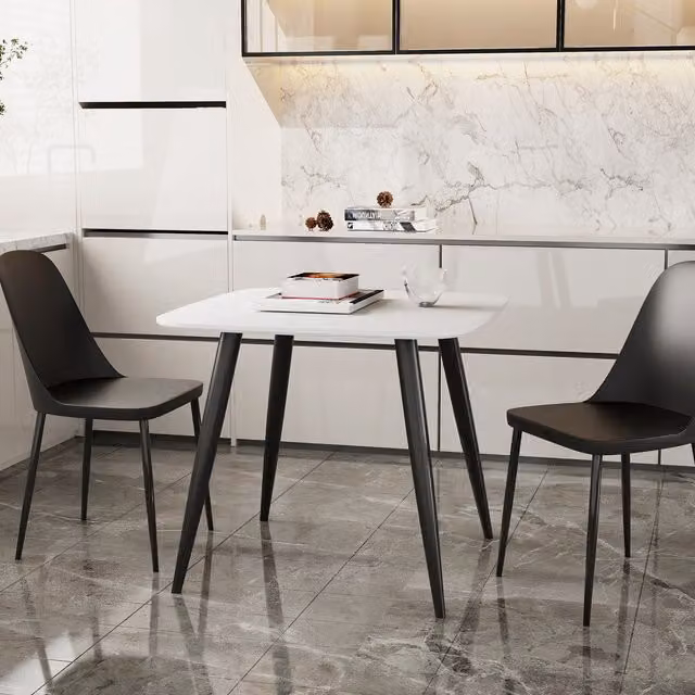 Core Products Ltd Aspen Modern Square White Lacquered Dining Table and 2 Black Plastic Chairs Set