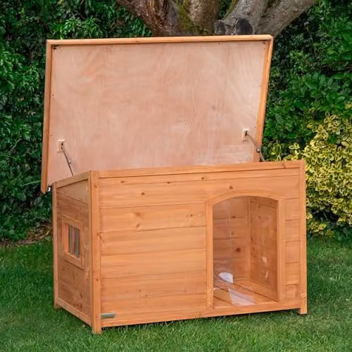 Samuel ALEXANDER Large Outdoor Wooden Dog House Kennel with Window, Sand Brown, W: 116 cm, H: 82 cm – 2