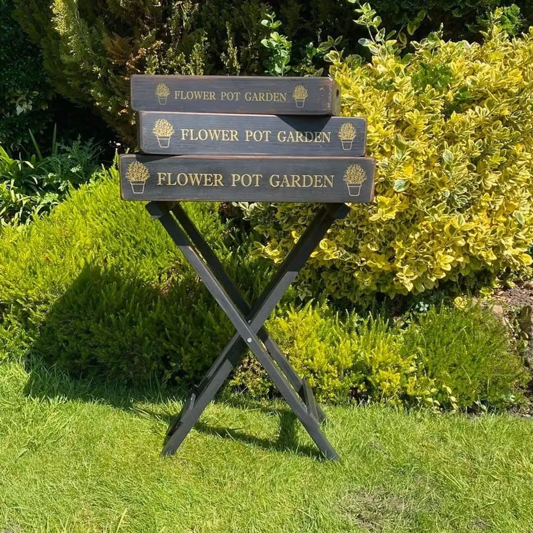 Minster Decorative Foldable Stand with Flower Pot Garden Serving Trays, Set of 3, Black Wood, H 78.0 x W 56.0 x D 38.0 cm – 3