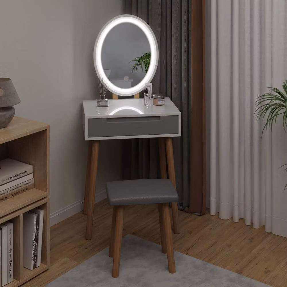 FORGEVIO Modern White Dressing Table Vanity Set with Hollywood LED Light Mirror and Stool – 4
