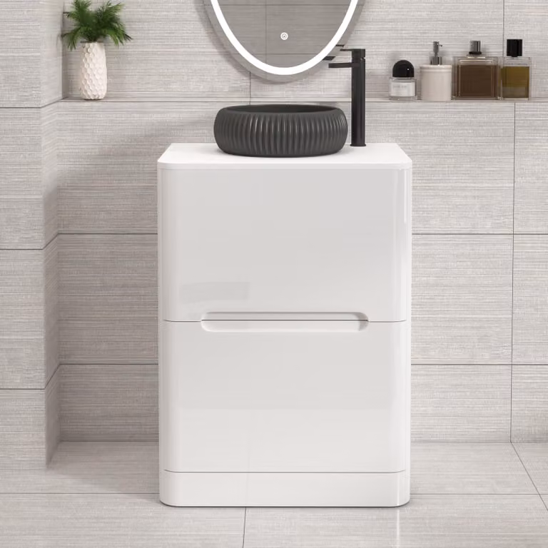 Royal Bathrooms Venice 600mm Gloss White Floor Standing 2 Drawer Vanity Unit with Plain White Worktop and Milan Black Basin