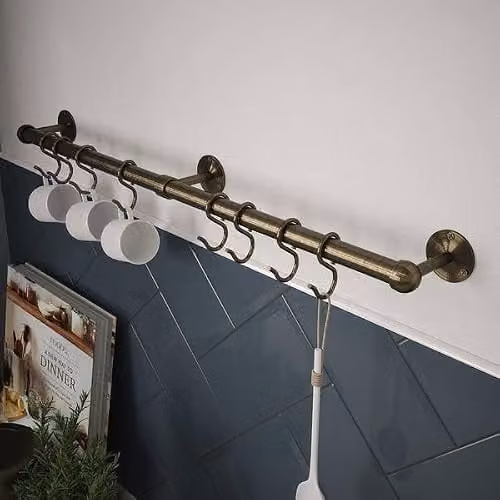 Rothley Easy-Fit 60cm Kitchen Utensil Rail Kit in Antique Brass, Wall Mounted Stainless Steel Utensil and Mug Holder