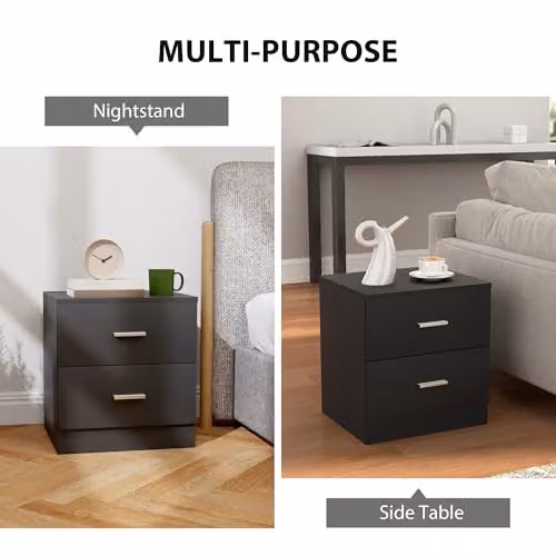 HOMCOM Modern Black Bedside Table with 2 Drawers – 4
