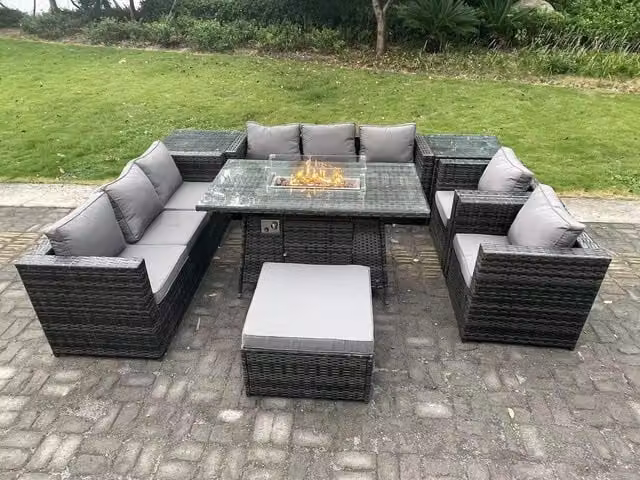 Fimous 9 Seater Outdoor Gas Fire Pit Dining Set with Lounge Chairs and Side Tables in Dark Grey