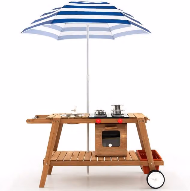 Costway Wooden Kids Play Trolley with Storage Cabinet in Brown