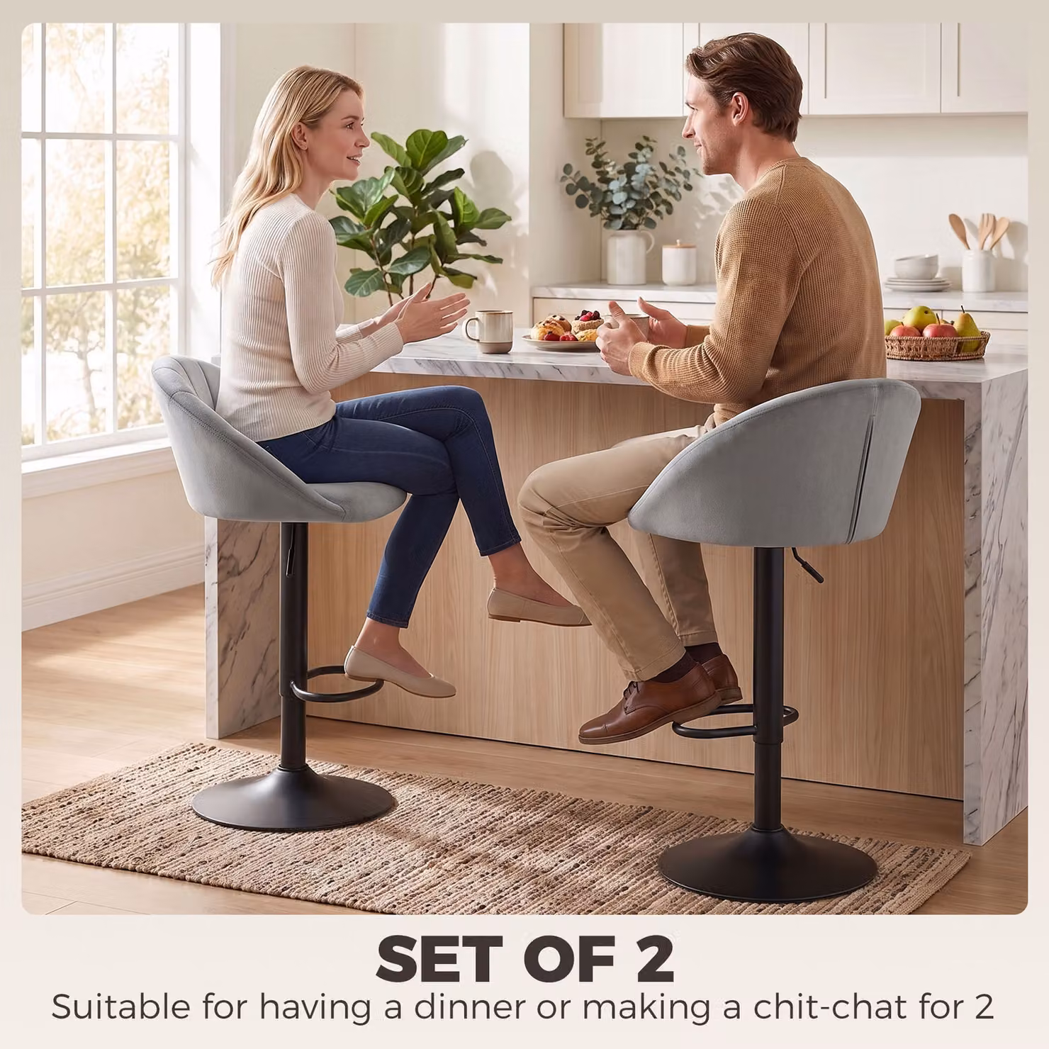 HOMCOM Modern Grey Velvet Swivel Counter Stool with Backrest – 3