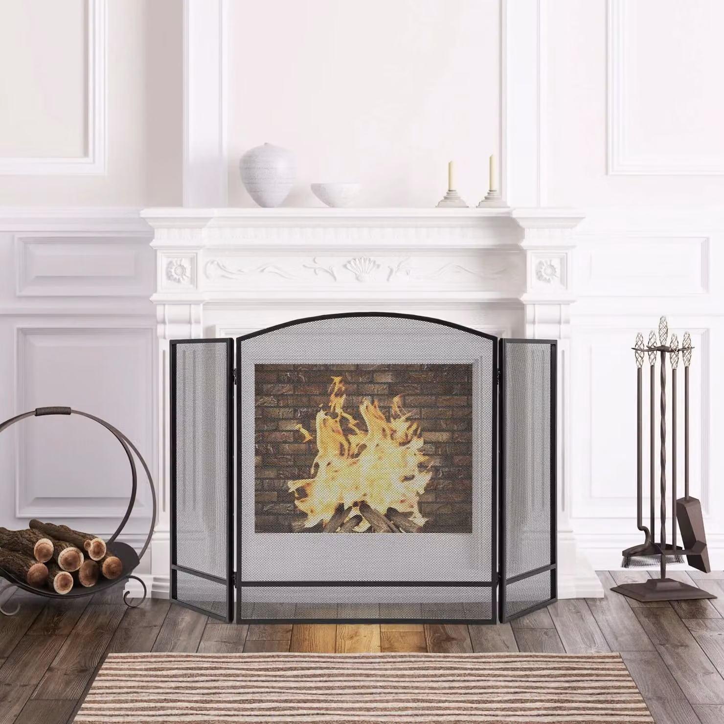 Costway 3 Panel Folding Fireplace Screen Wrought Iron Furnace Protector Spark Guard in Black – 3