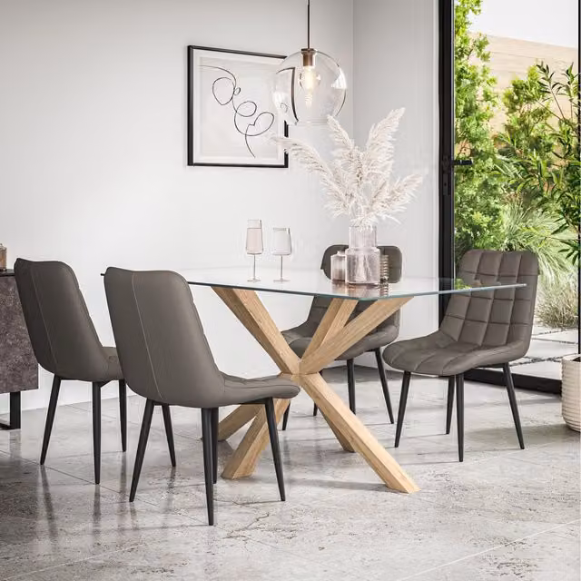 More4Homes Etta Glass Dining Table Set with Solid Oak Legs and 4 Grey Nova Faux Leather Chairs