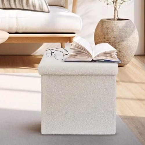 DANIEL JAMES Housewares Folding Ottoman Storage Cube in White Teddy Boucle, W/D/H: 38 x 38 x 38 cm – 2