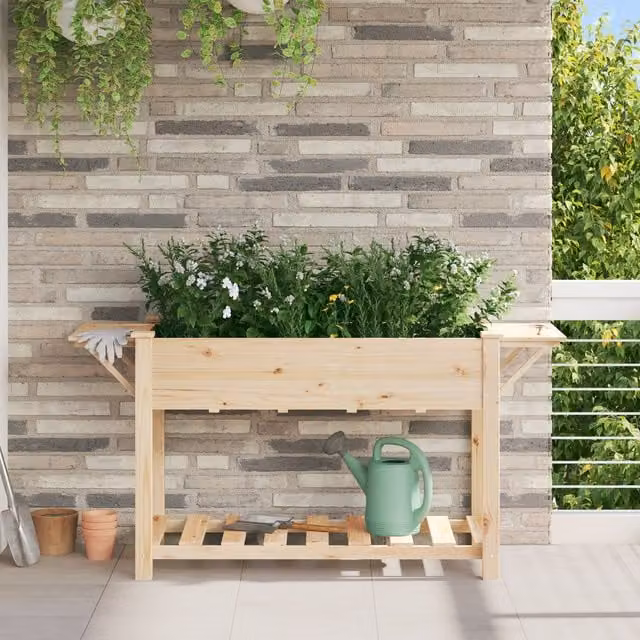 Berkfield Home Garden Planter with Shelves in Beige Solid Wood Fir, W/D/H: 155 x 59 x 76 cm