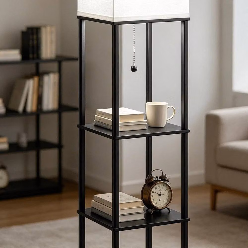 PAWNORA Modern Black Corner Floor Lamp with Shelves and LED Lighting – 5