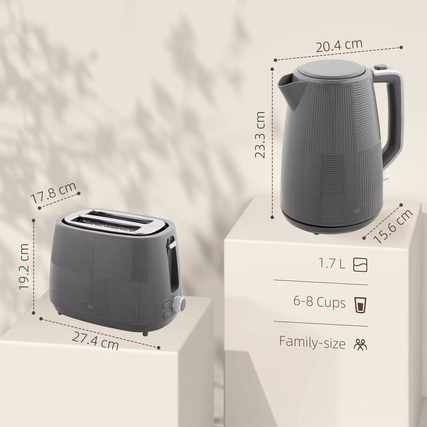 HOMCOM Grey Electric Kettle 1.7 l and 2 Slice Water Toaster Set – 3