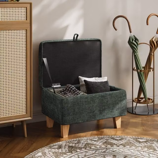 Livingandhome Teddy Fleece Upholstered Rectangular Storage Ottoman in Green