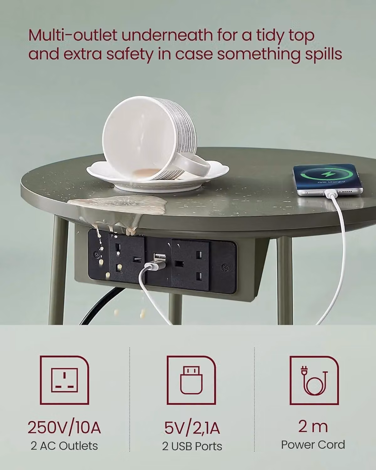 VASAGLE Round Side Table with Charging Station, Power Outlets, USB and Fabric Basket in Dark Olive Green – 3