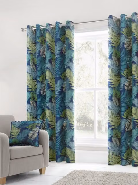 Fusion Tropical Exotic Palm Leaf Print 100% Cotton Eyelet Curtains, Multicolour, Width: 168 cm, Drop: 137 cm – 1
