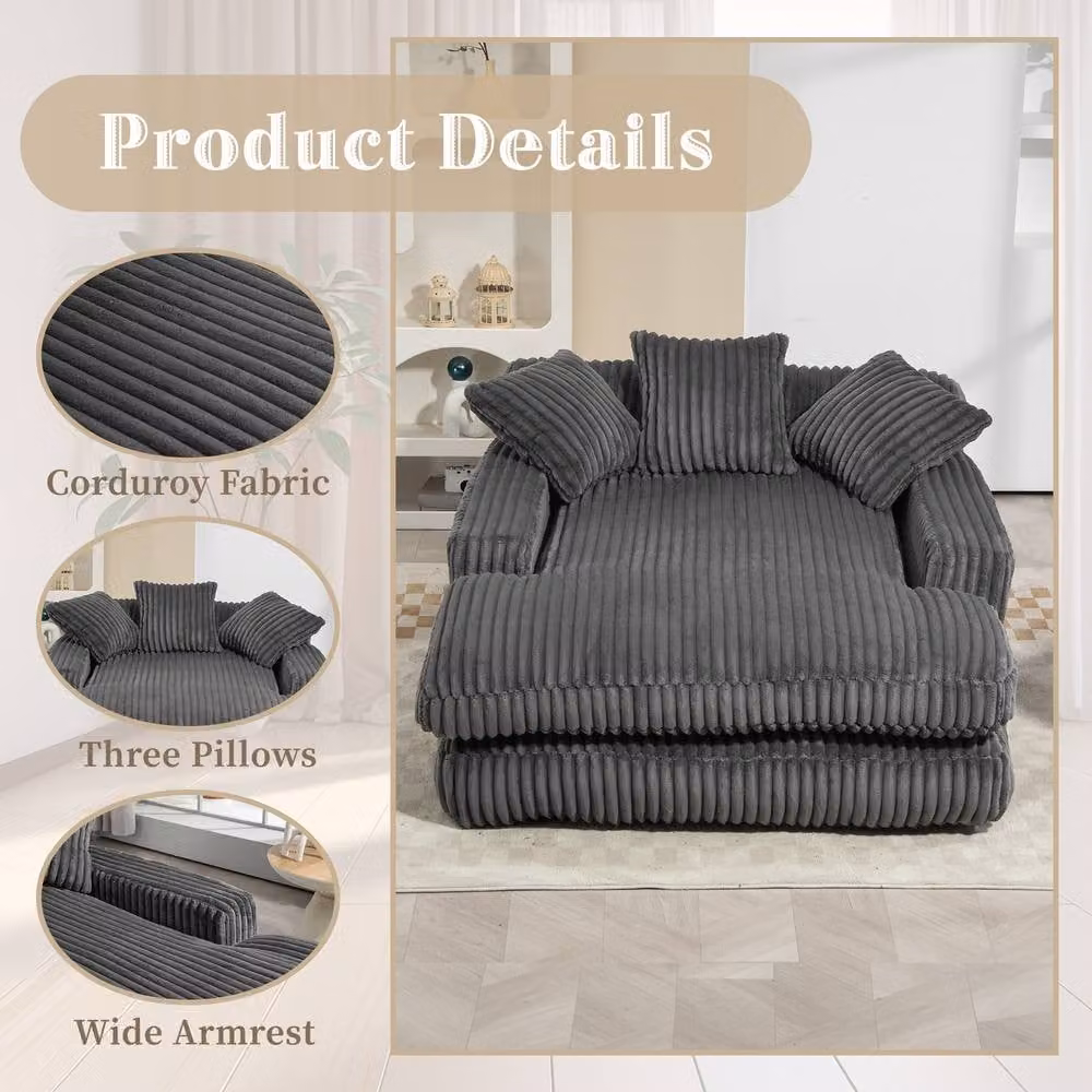 Matteo Oversized Soft Plush Cord Fabric Chaise Lounge Sofa Bed in Grey with Sleeping Function and Scatter Cushions – 3