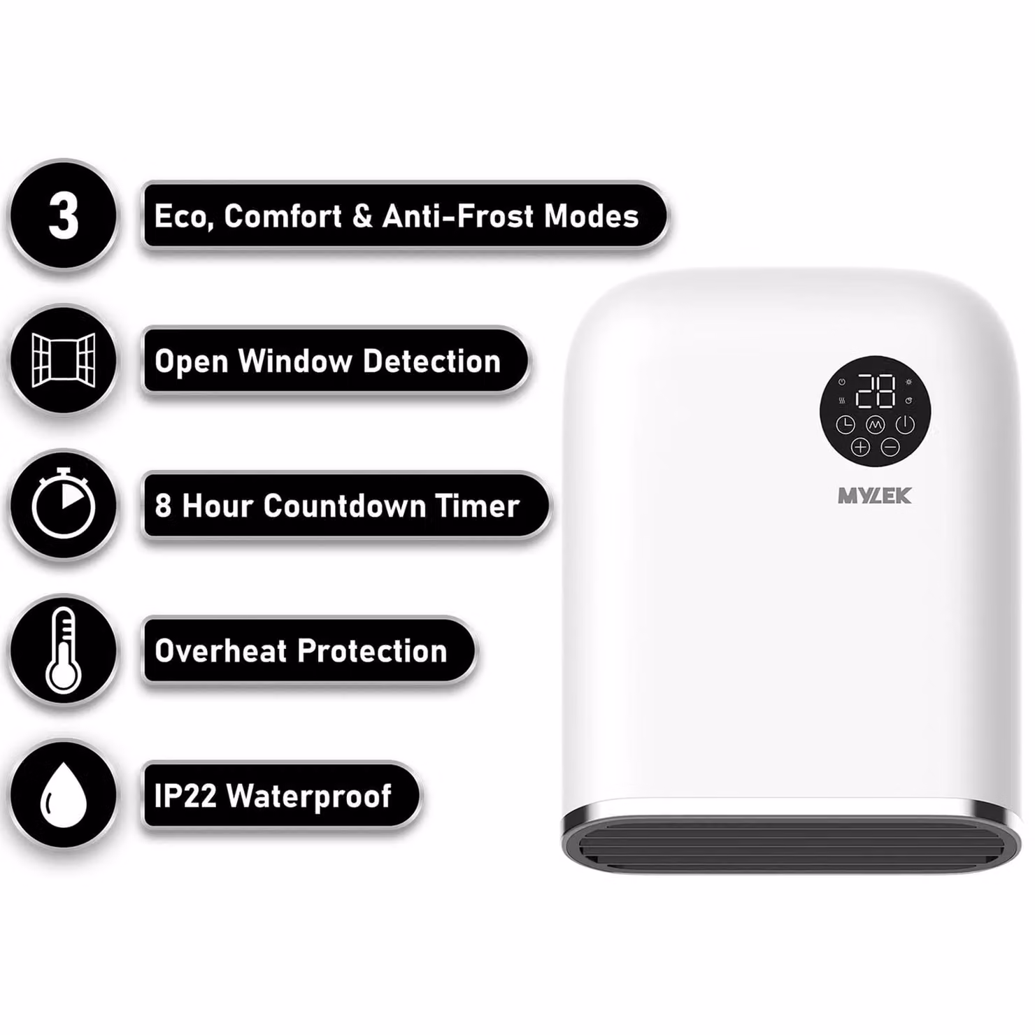MYLEK 2kW Bathroom Electric Downflow Air Curtain Heater with Timer, White – 2