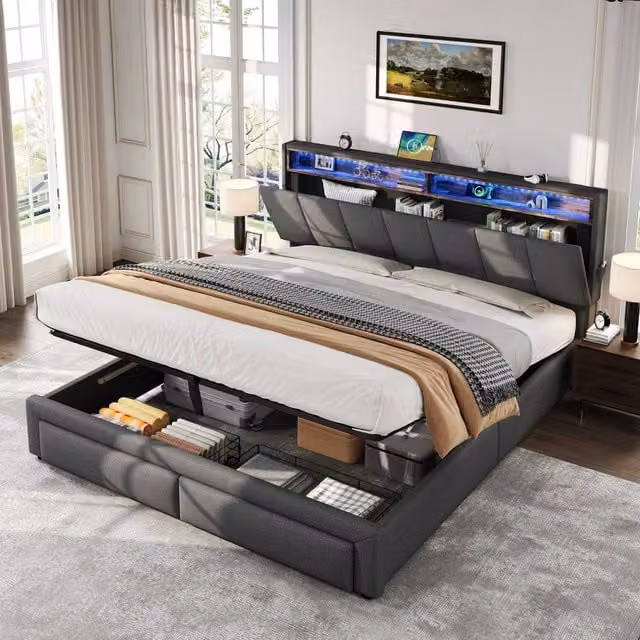 Merax Grey Linen King Size Ottoman Storage Bed with LED Lighting and USB Charging Port, W/D/H: 180 x 200 cm