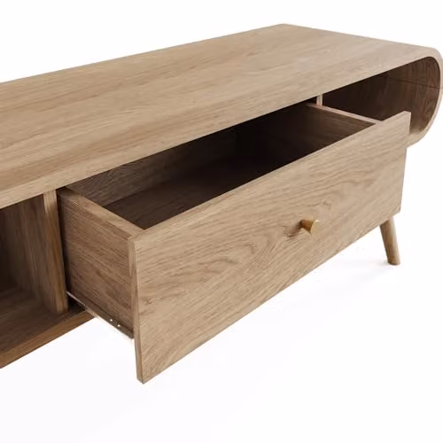 GFW Vionna Curved Mid-Century TV Unit with Drawer and Open Shelving, Brown Oak Effect, W: 140 cm, H: 50 cm, D: 38.5 cm – 3